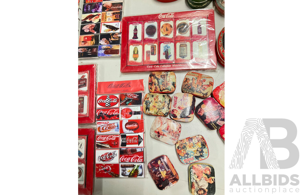 Selection of Coca Cola Pins, Magnets, Mini Bottles, Matchboxes and Tins