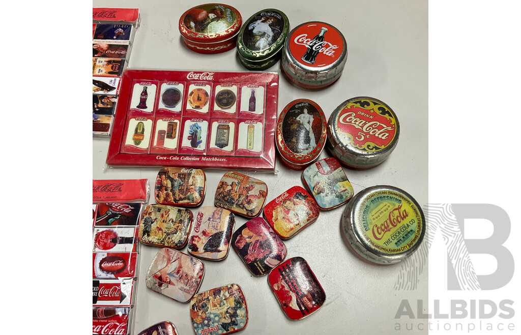 Selection of Coca Cola Pins, Magnets, Mini Bottles, Matchboxes and Tins