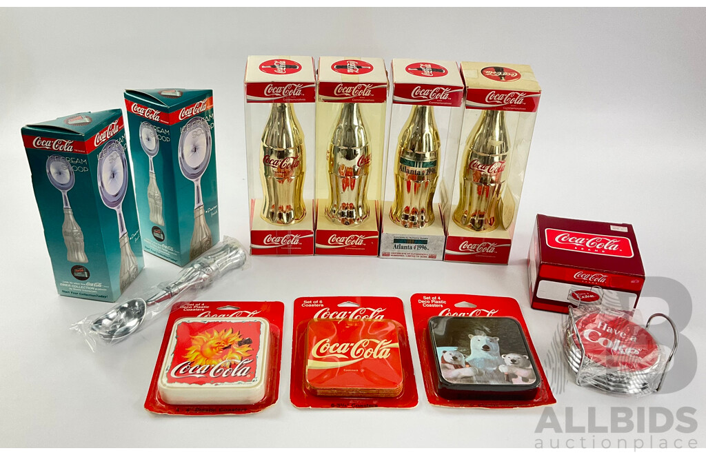 1990's Coca Cola Commemorative Gold and Silver Bottles, Ice Cream Scoops and Coasters