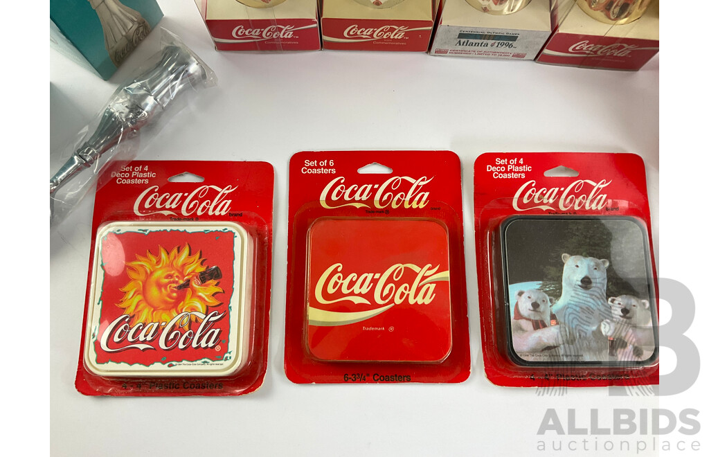 1990's Coca Cola Commemorative Gold and Silver Bottles, Ice Cream Scoops and Coasters