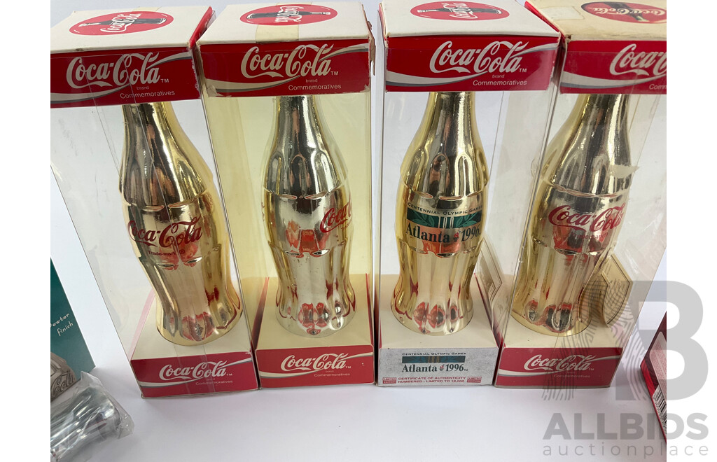 1990's Coca Cola Commemorative Gold and Silver Bottles, Ice Cream Scoops and Coasters