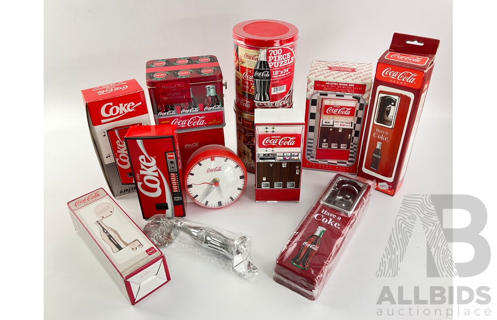 Boxed Coca Cola AM/FM Radio, Musical Bank, Musical Tin, Jigsaw Puzzles, Clock and Door Handle