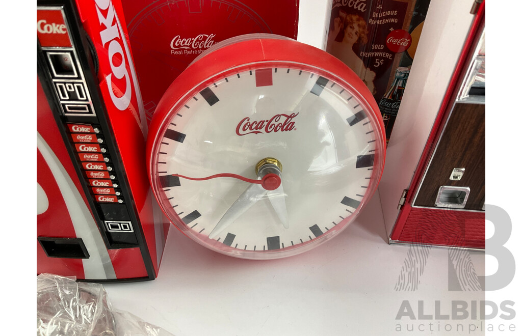 Boxed Coca Cola AM/FM Radio, Musical Bank, Musical Tin, Jigsaw Puzzles, Clock and Door Handle