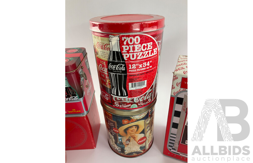 Boxed Coca Cola AM/FM Radio, Musical Bank, Musical Tin, Jigsaw Puzzles, Clock and Door Handle