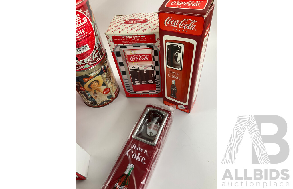 Boxed Coca Cola AM/FM Radio, Musical Bank, Musical Tin, Jigsaw Puzzles, Clock and Door Handle