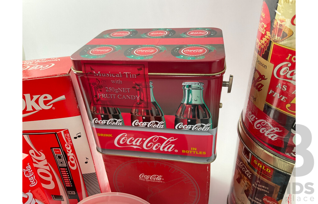 Boxed Coca Cola AM/FM Radio, Musical Bank, Musical Tin, Jigsaw Puzzles, Clock and Door Handle