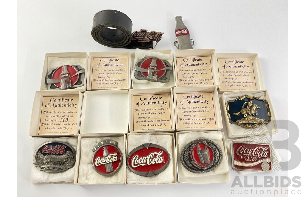 Collection of Coca Cola and Winchester Belt Buckles, Most with Certificates of Authenticity