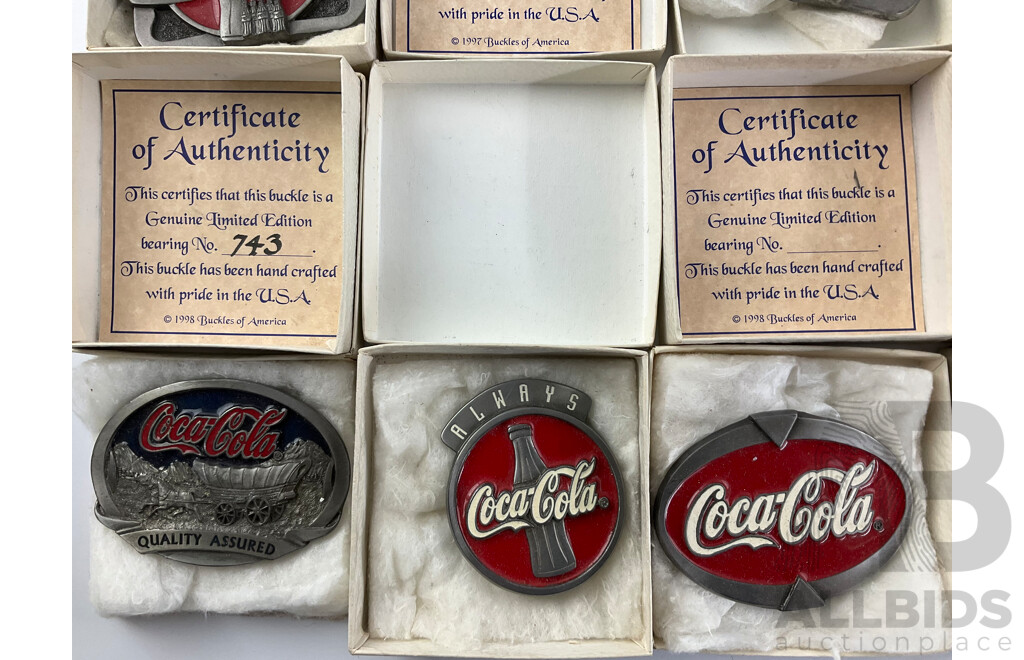 Collection of Coca Cola and Winchester Belt Buckles, Most with Certificates of Authenticity