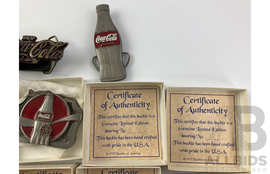 Collection of Coca Cola and Winchester Belt Buckles, Most with Certificates of Authenticity