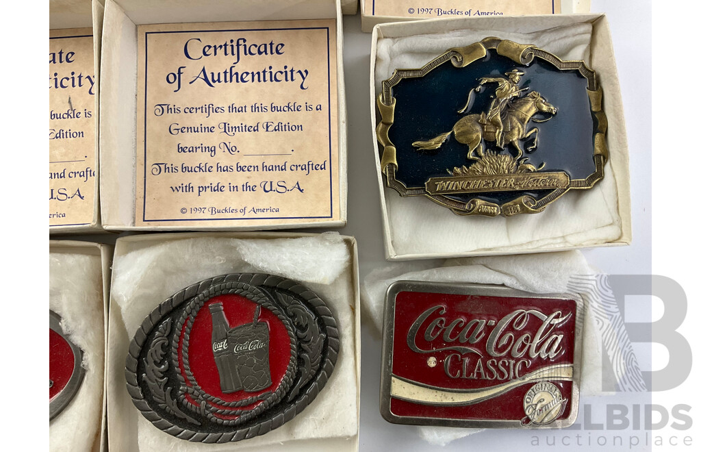 Collection of Coca Cola and Winchester Belt Buckles, Most with Certificates of Authenticity