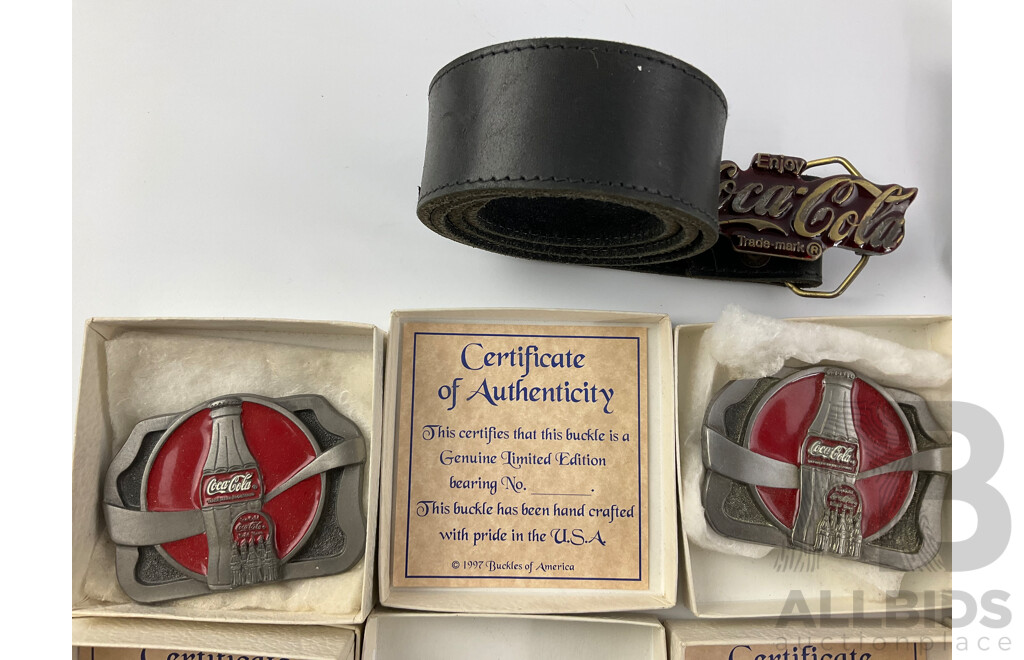 Collection of Coca Cola and Winchester Belt Buckles, Most with Certificates of Authenticity