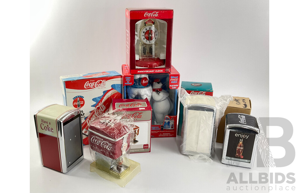 Coca Cola Anniversary Clock, Slushie Freeze Station, Napkin and Coaster Dispensers, Fountain Dispenser Money Bank and Pool Float