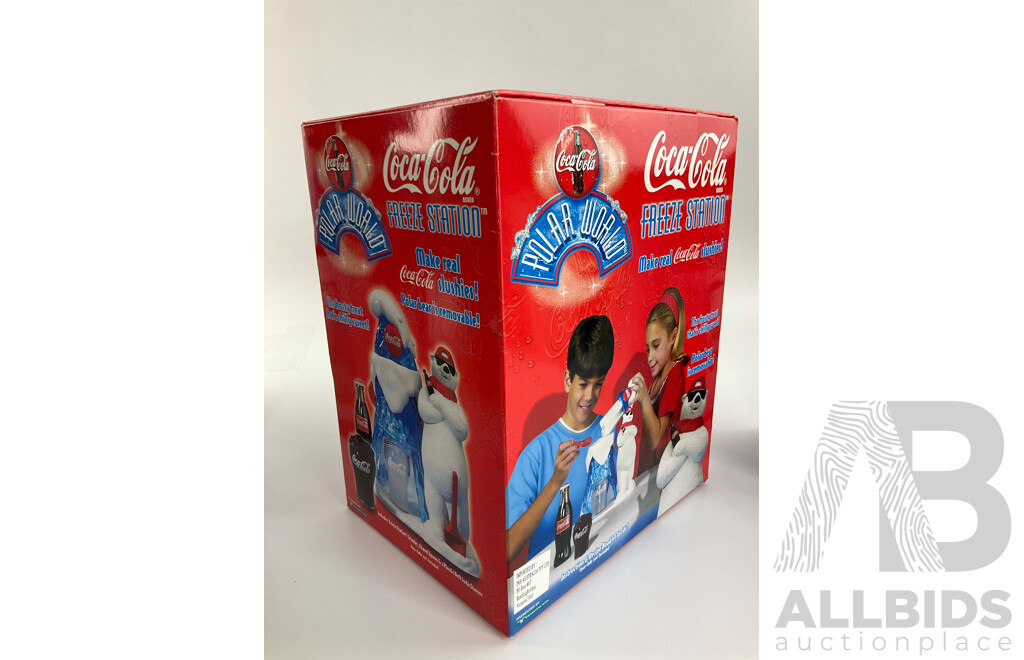 Coca Cola Anniversary Clock, Slushie Freeze Station, Napkin and Coaster Dispensers, Fountain Dispenser Money Bank and Pool Float