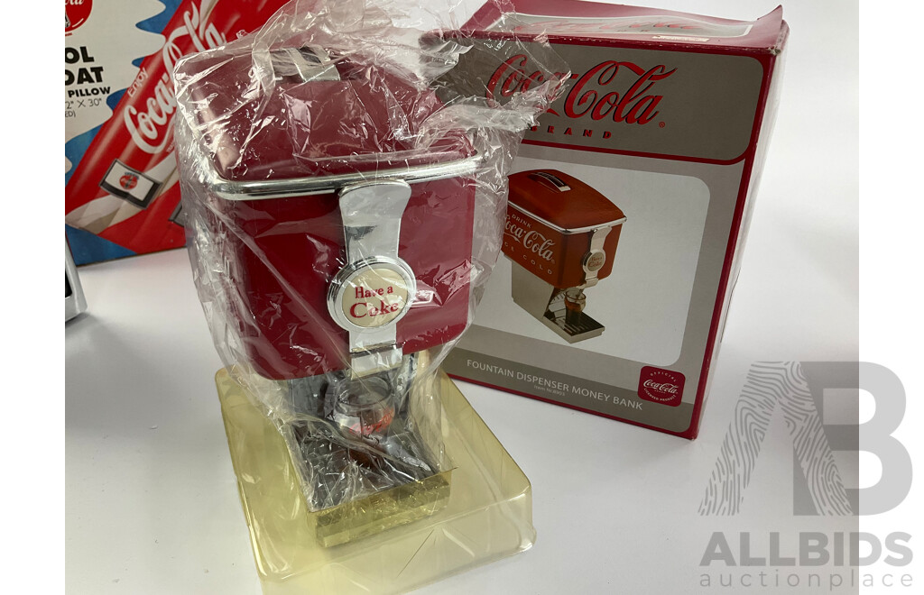 Coca Cola Anniversary Clock, Slushie Freeze Station, Napkin and Coaster Dispensers, Fountain Dispenser Money Bank and Pool Float