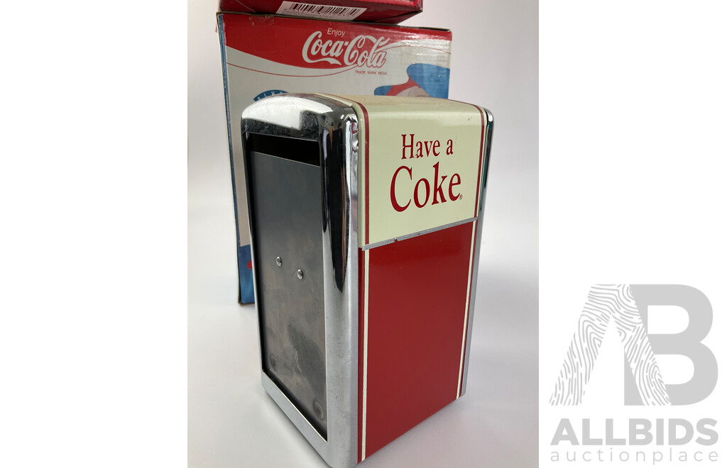 Coca Cola Anniversary Clock, Slushie Freeze Station, Napkin and Coaster Dispensers, Fountain Dispenser Money Bank and Pool Float