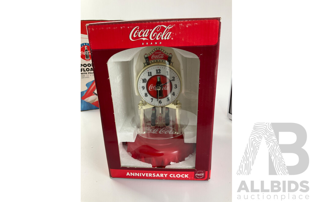 Coca Cola Anniversary Clock, Slushie Freeze Station, Napkin and Coaster Dispensers, Fountain Dispenser Money Bank and Pool Float