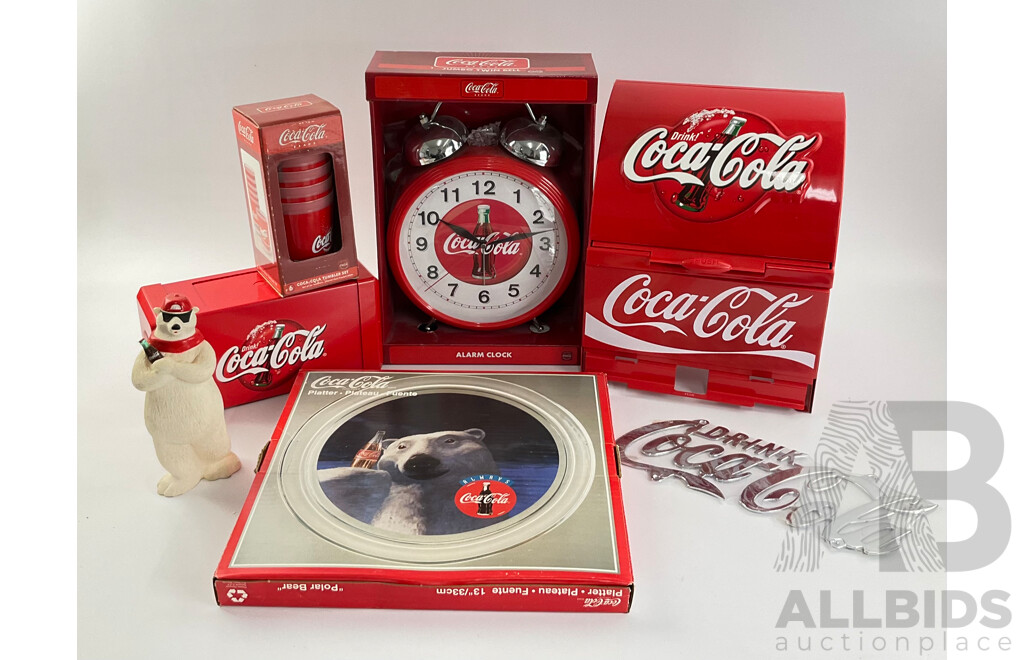 Coca Cola Jumbo Twin Bell Alarm Clock, Straw and Napkin Dispensers, Tumbler Set, Chrome Hanger and Platter Plate