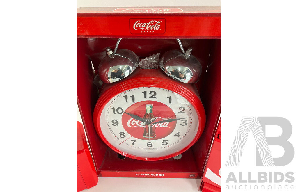 Coca Cola Jumbo Twin Bell Alarm Clock, Straw and Napkin Dispensers, Tumbler Set, Chrome Hanger and Platter Plate