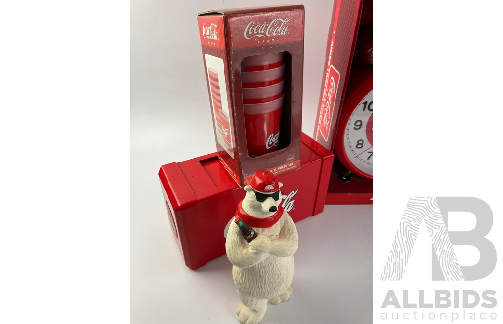 Coca Cola Jumbo Twin Bell Alarm Clock, Straw and Napkin Dispensers, Tumbler Set, Chrome Hanger and Platter Plate