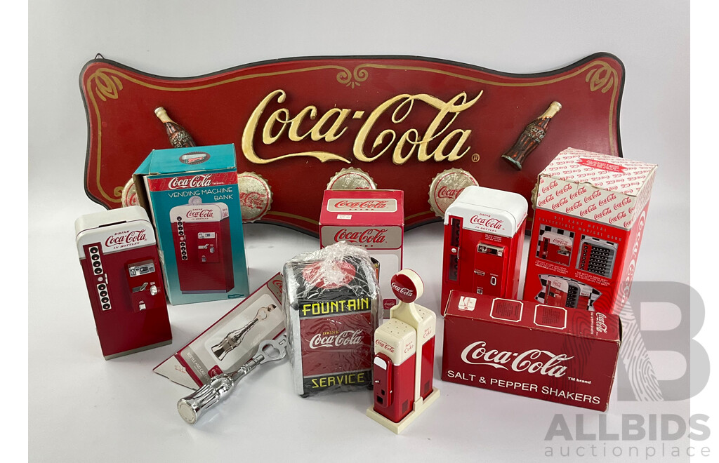 Timber Coca Cola Hat Rack, Vending Machine Money Bank, Diecast Musical Bank, Salt and Pepper Shakers, Napkin Dispenser and Bottle Opener