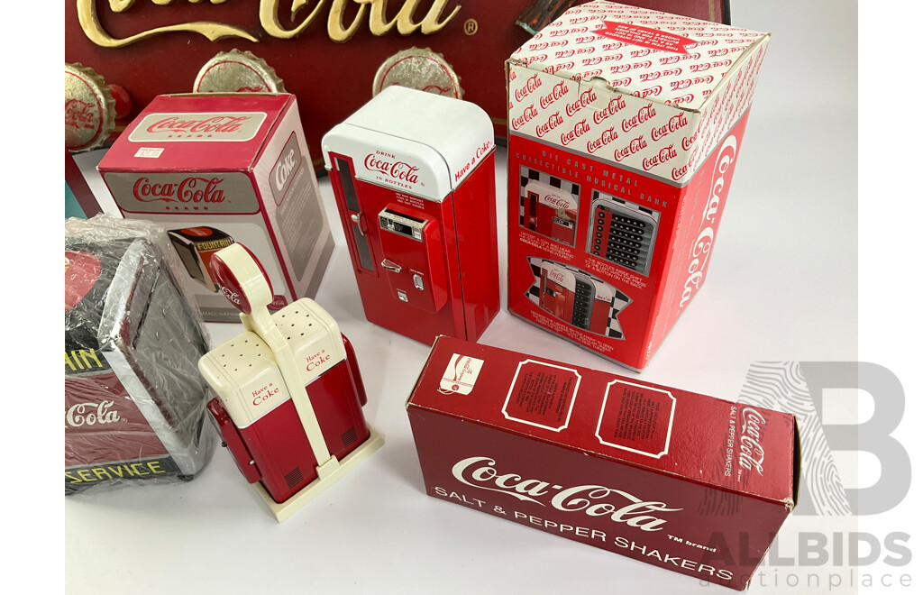 Timber Coca Cola Hat Rack, Vending Machine Money Bank, Diecast Musical Bank, Salt and Pepper Shakers, Napkin Dispenser and Bottle Opener