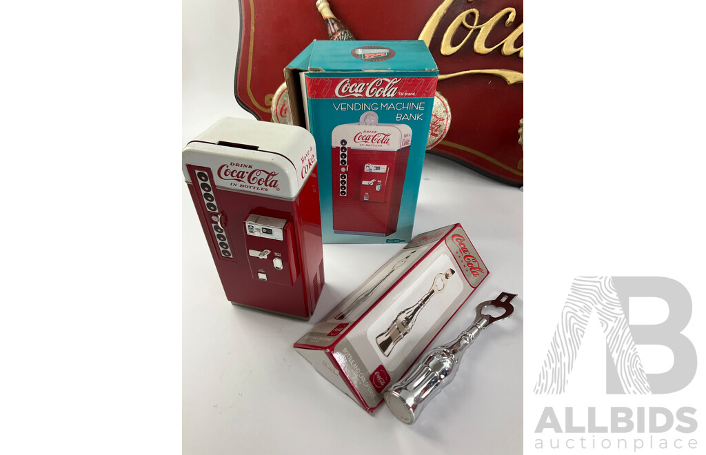 Timber Coca Cola Hat Rack, Vending Machine Money Bank, Diecast Musical Bank, Salt and Pepper Shakers, Napkin Dispenser and Bottle Opener