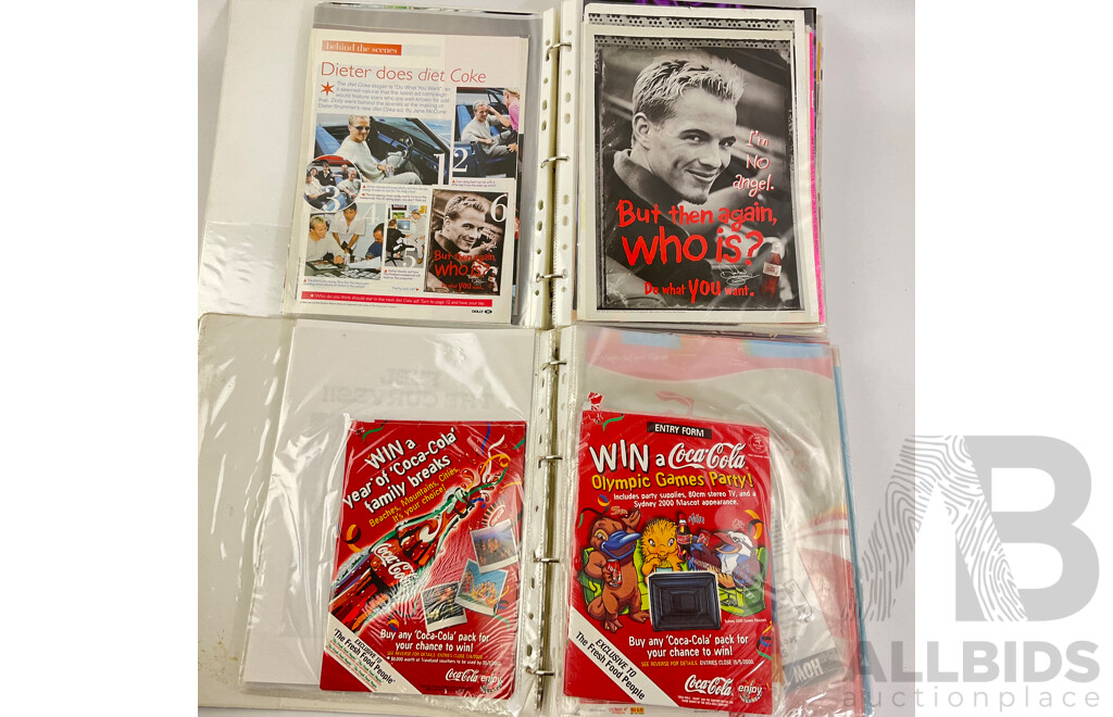 Two Albums of 1970's to 1990's Coca Cola Adverts and Promotional Material From Magazines, Sporting Programs, Music Events and More