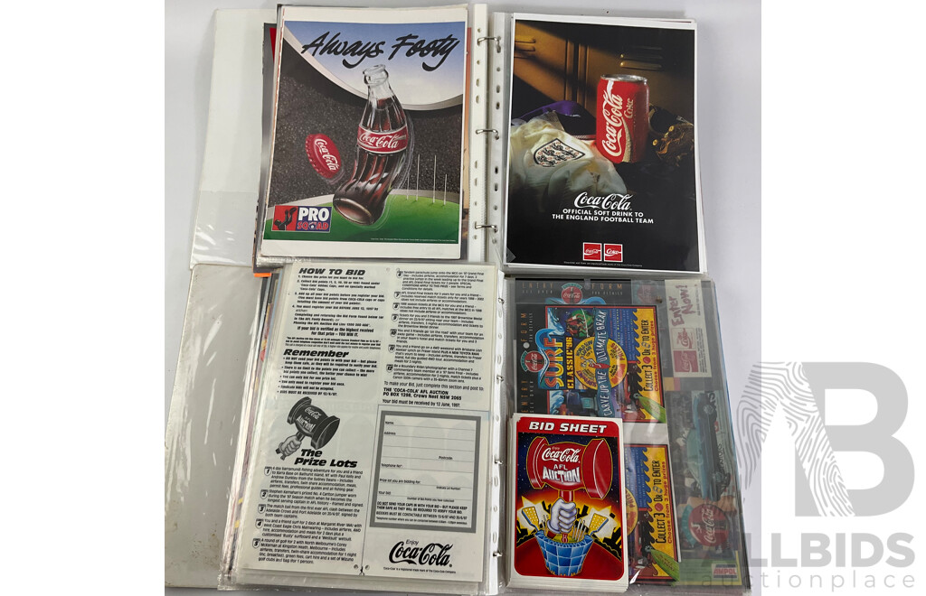 Two Albums of 1970's to 1990's Coca Cola Adverts and Promotional Material From Magazines, Sporting Programs, Music Events and More