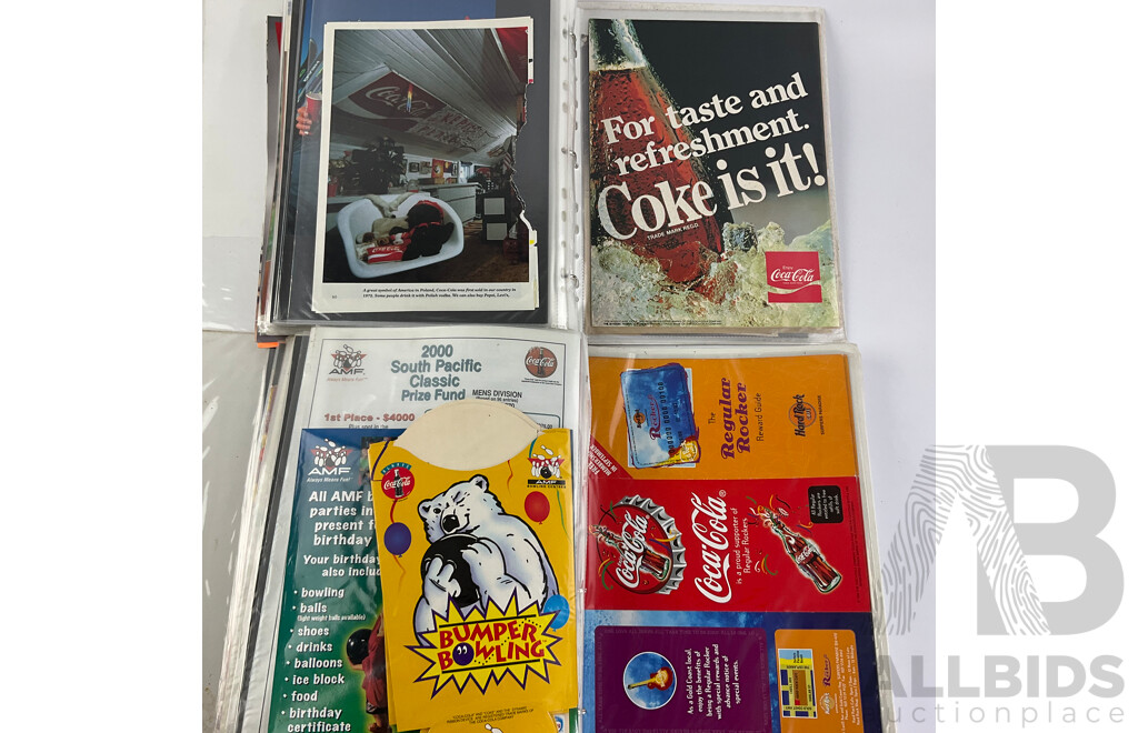 Two Albums of 1970's to 1990's Coca Cola Adverts and Promotional Material From Magazines, Sporting Programs, Music Events and More