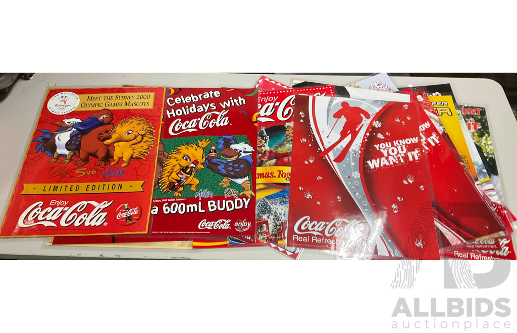 Twenty Laminated Coca Cola Retail Promotion/Advertisement Posters Including Sydney 2000 Olympics, Diet Vanilla Coke, Christmas and More