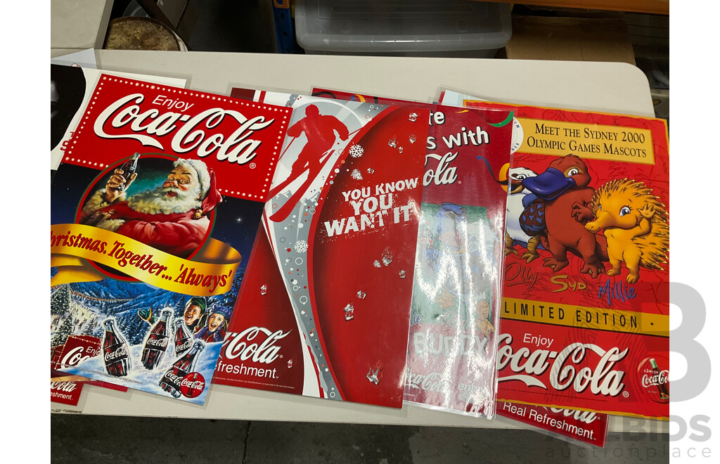 Twenty Laminated Coca Cola Retail Promotion/Advertisement Posters Including Sydney 2000 Olympics, Diet Vanilla Coke, Christmas and More