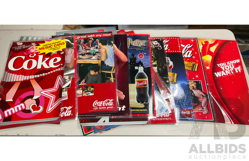 Twenty Laminated Coca Cola Retail Promotion/Advertisement Posters Including Christmas, Cherry Coke, Harry Potter, Beach is Calling and More