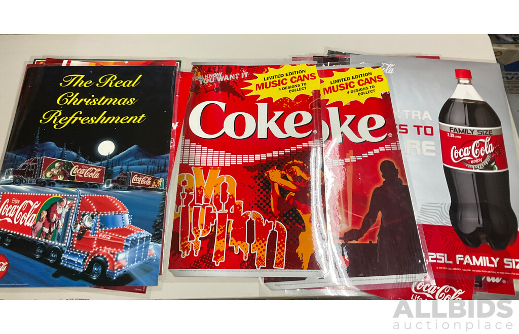 Twenty Laminated Coca Cola Retail Promotion/Advertisement Posters Including Christmas, Cherry Coke, Harry Potter, Beach is Calling and More