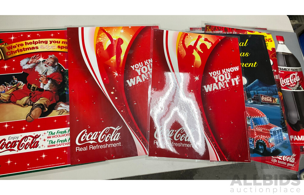 Twenty Laminated Coca Cola Retail Promotion/Advertisement Posters Including Christmas, Cherry Coke, Harry Potter, Beach is Calling and More