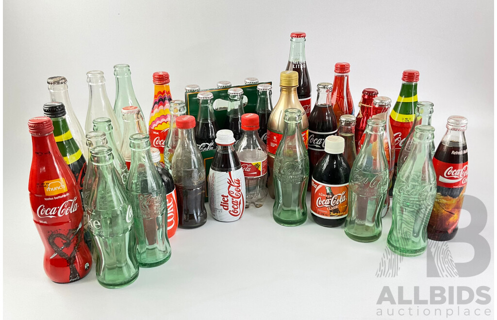 Collection of Coca Cola Bottles Spanning 1940's to 2000's, Commeorative and International Examples