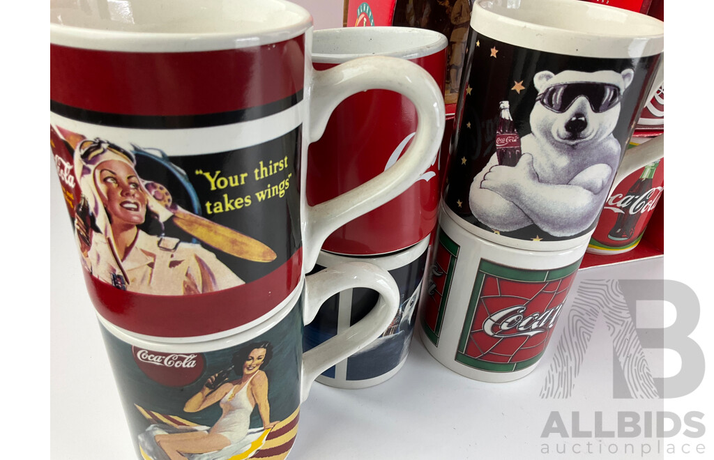 Collection of Ceramic Coca Cola Mugs Including Polar Bears and Vintage Advertisements