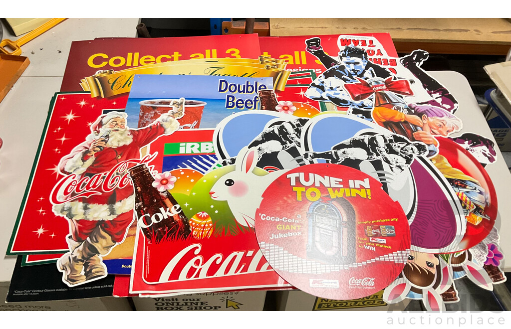 Assortment of Large Coca Cola Pomotional Retail Signs and Stickers Including Easter, Christmas, State of Origin and More, Retailers K-Mart, McDonalds, IGA