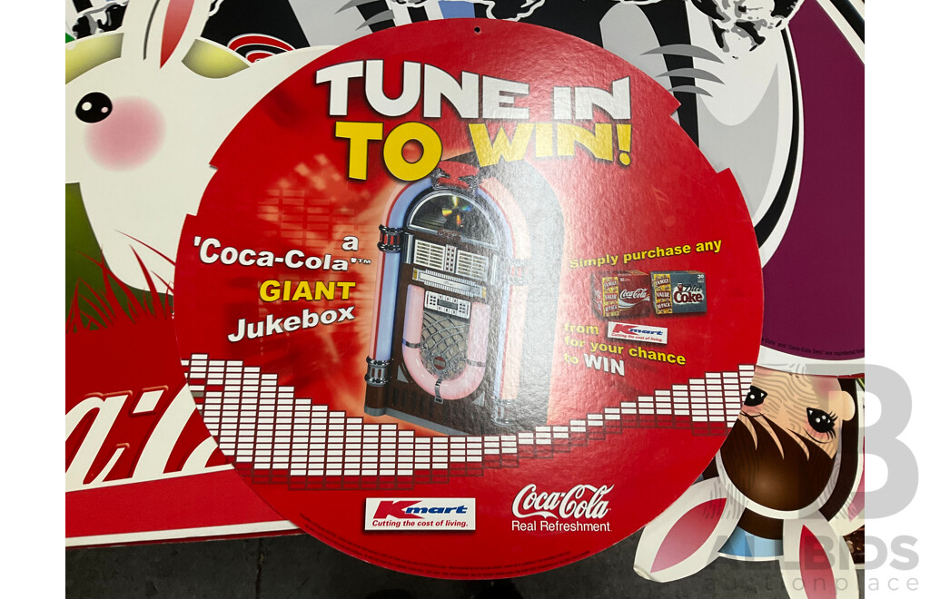 Assortment of Large Coca Cola Pomotional Retail Signs and Stickers Including Easter, Christmas, State of Origin and More, Retailers K-Mart, McDonalds, IGA