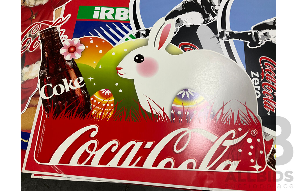 Assortment of Large Coca Cola Pomotional Retail Signs and Stickers Including Easter, Christmas, State of Origin and More, Retailers K-Mart, McDonalds, IGA