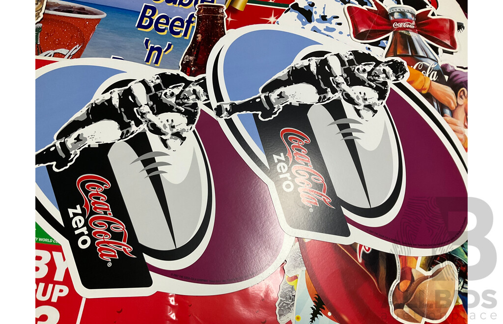 Assortment of Large Coca Cola Pomotional Retail Signs and Stickers Including Easter, Christmas, State of Origin and More, Retailers K-Mart, McDonalds, IGA