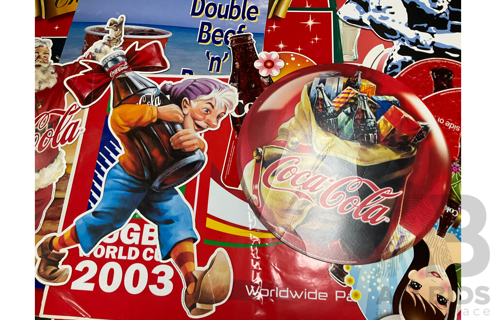 Assortment of Large Coca Cola Pomotional Retail Signs and Stickers Including Easter, Christmas, State of Origin and More, Retailers K-Mart, McDonalds, IGA