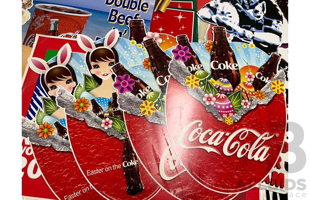 Assortment of Large Coca Cola Pomotional Retail Signs and Stickers Including Easter, Christmas, State of Origin and More, Retailers K-Mart, McDonalds, IGA