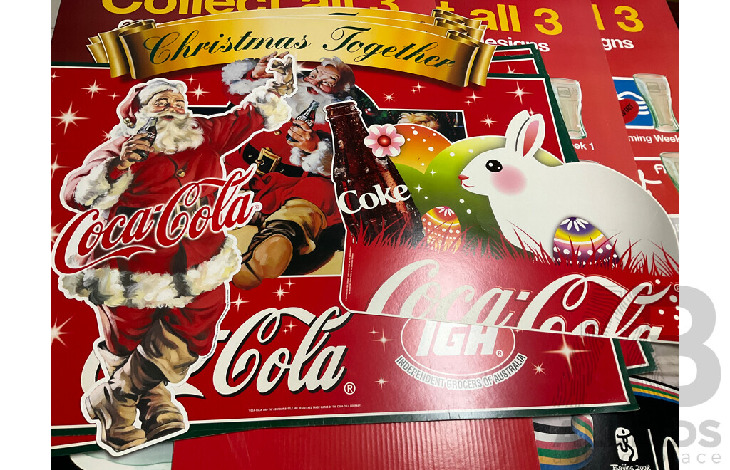 Assortment of Large Coca Cola Pomotional Retail Signs and Stickers Including Easter, Christmas, State of Origin and More, Retailers K-Mart, McDonalds, IGA