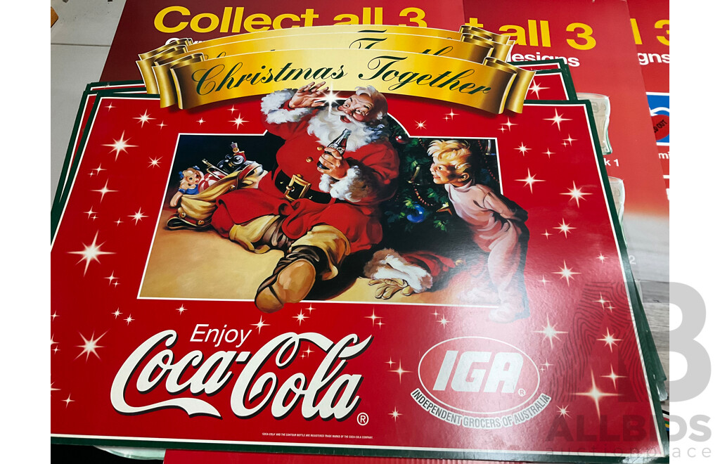 Assortment of Large Coca Cola Pomotional Retail Signs and Stickers Including Easter, Christmas, State of Origin and More, Retailers K-Mart, McDonalds, IGA