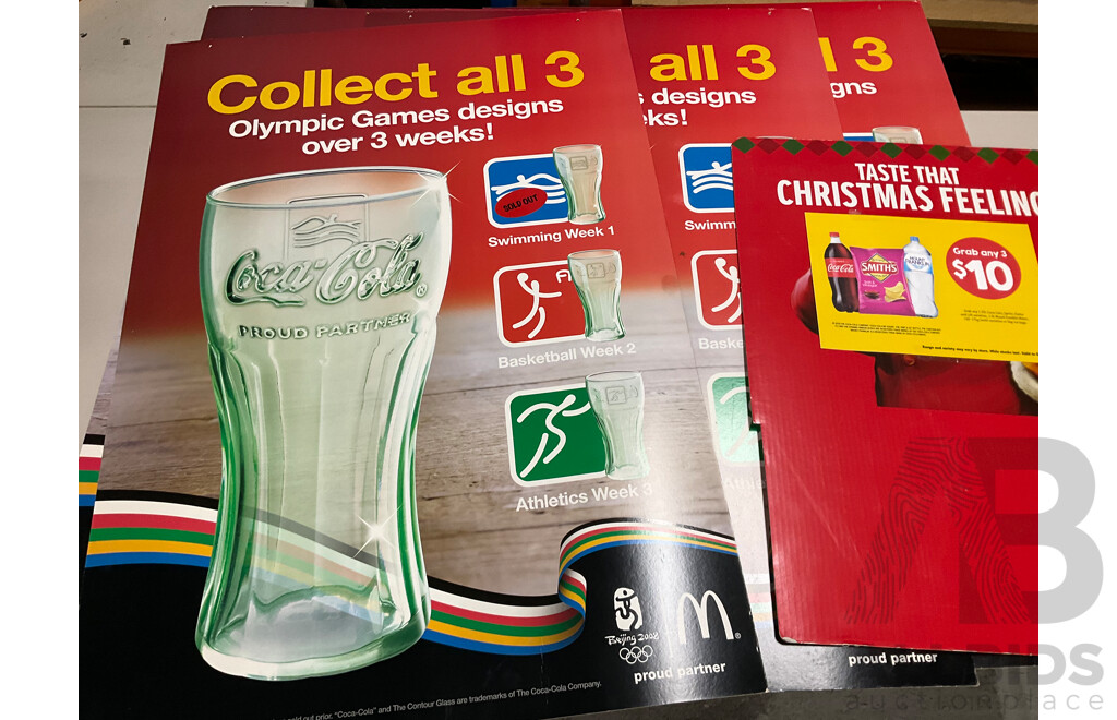 Assortment of Large Coca Cola Pomotional Retail Signs and Stickers Including Easter, Christmas, State of Origin and More, Retailers K-Mart, McDonalds, IGA