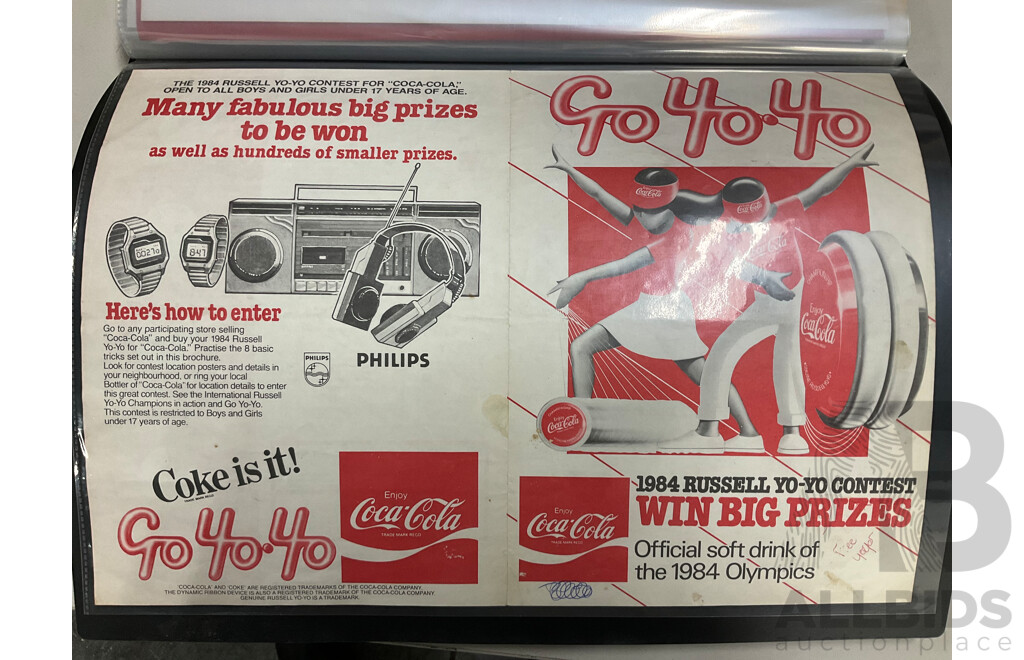 1984 Russell Yo-Yo Coca Cola Contest Advert with Album of Assorted Promtional Material Including Christmas, Touring Cars and NRL