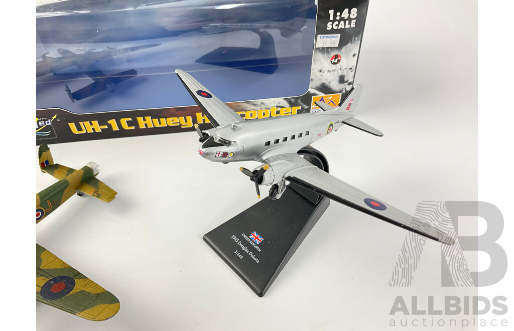 Diecast and Plastic Aircraft Including 1945 Douglas Dakota, Avro Lancaster BMKI and UH-1C Huey Helicopter