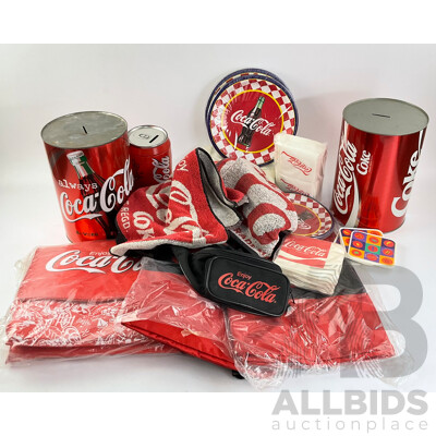 Collection of Coca Cola Beach Bags, Satchel Bag, Bum Bag, Bar Towels, Money Tins, Napkins, Coasters and Plates