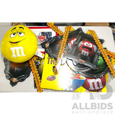 Collection of M&Ms Merchandise Including Cushion, Framed Picture, Retail Signs