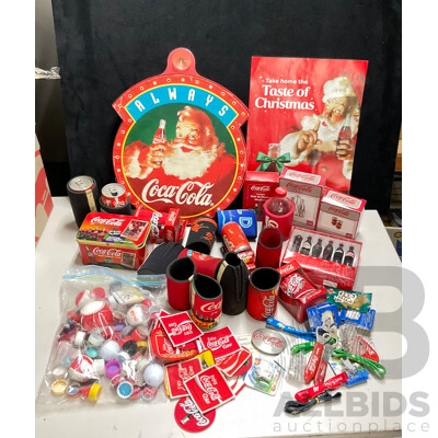 Selection of Coca Cola Merchandise Including Three Boxed Salt and Pepper Shakers, Vintage Sew on Patches and Bottle Openers, Stubbie Coolers, Mini Collector Bottles and More